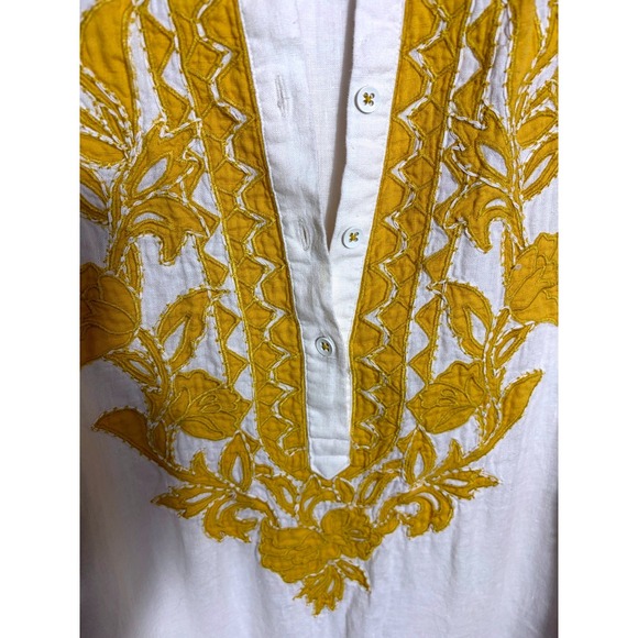 Chicos Linen Embroidered Floral Tunic Top coverup Mustard Yellow 2 L Resort boho - Picture 6 of 9